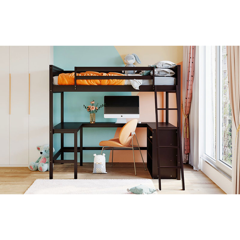Lit mezzanine pleine grandeur avec tablettes en bois massif pour une chambre à coucher et un bureau pratiques. Cadre en pin. Maximisez le confort de votre chambre à coucher