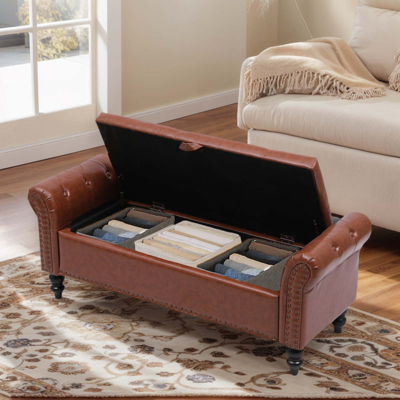 Banc de rangement en tissu, Brun, Faux cuir