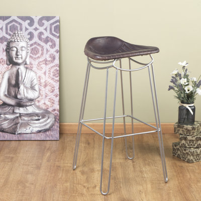 Splendora 76cm Bar Stool - Hand Stitched Leather Seat - Steel Metal Frame