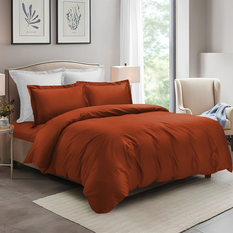 4 Piece Complete Bedding Set Duvet Cover Set With Fitted Bed Sheet & Pillowcases, Rust