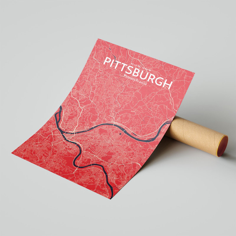 Pittsburgh City Map, impression, H 17 po x l 11 po, Rouge / Bleu marine