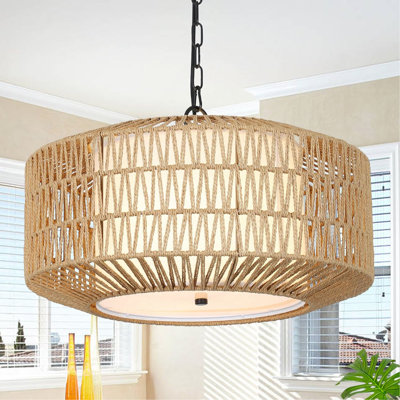 Luminaire de lustre de style campagnard, lustres boho en rotin 4 lumières pour la salle à manger avec abat-jour en tissu, grand luminaire de salle à manger en rotin tissé à la main pour le couloir de l'îlot de la cuisine