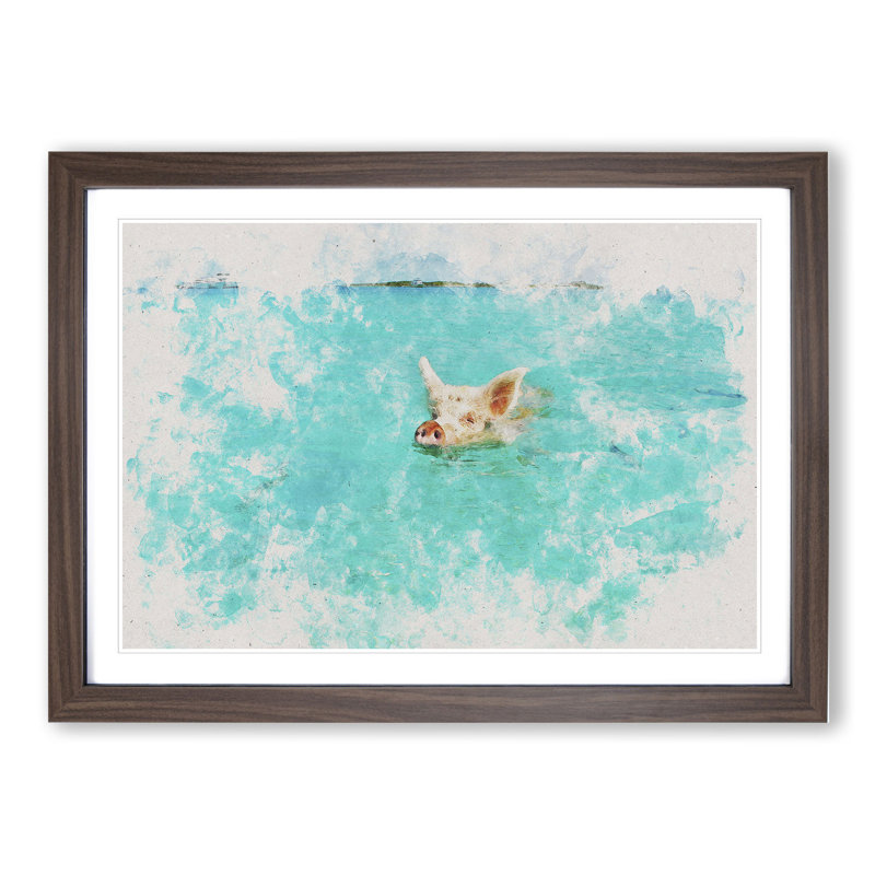 Swimming Pig - Picture Frame Painting, Walnut Framed, 65cm H x 90cm W x 2cm D