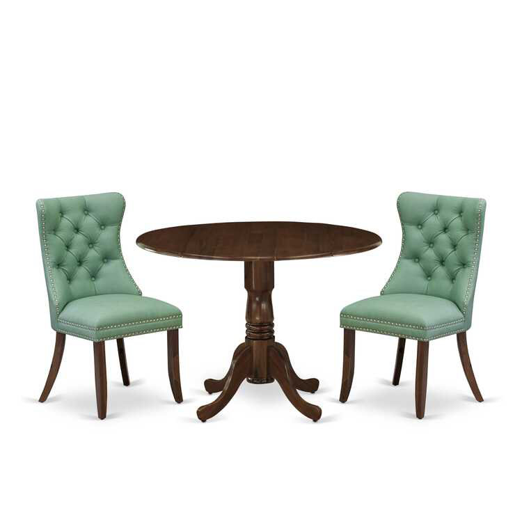 3-Piece Antique Walnut Finish Solid Wood Top-Round Upholstered Dining Room Set with Dropleaf-Seats 4, Green, Acacia Walnut