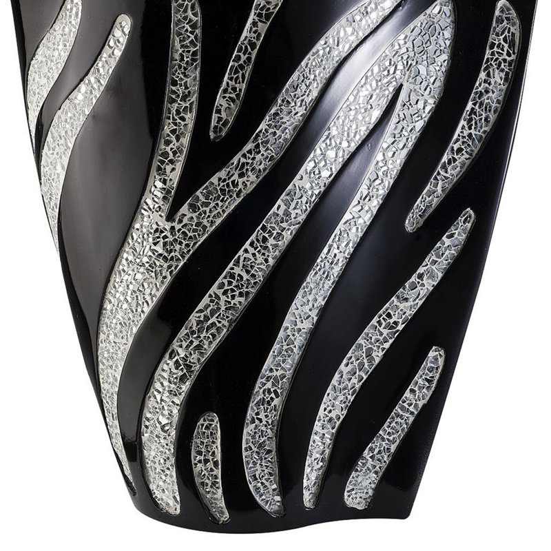 14" Tall Polyresin Decorative Vase, Black Finish With Silver Zebra Pattern