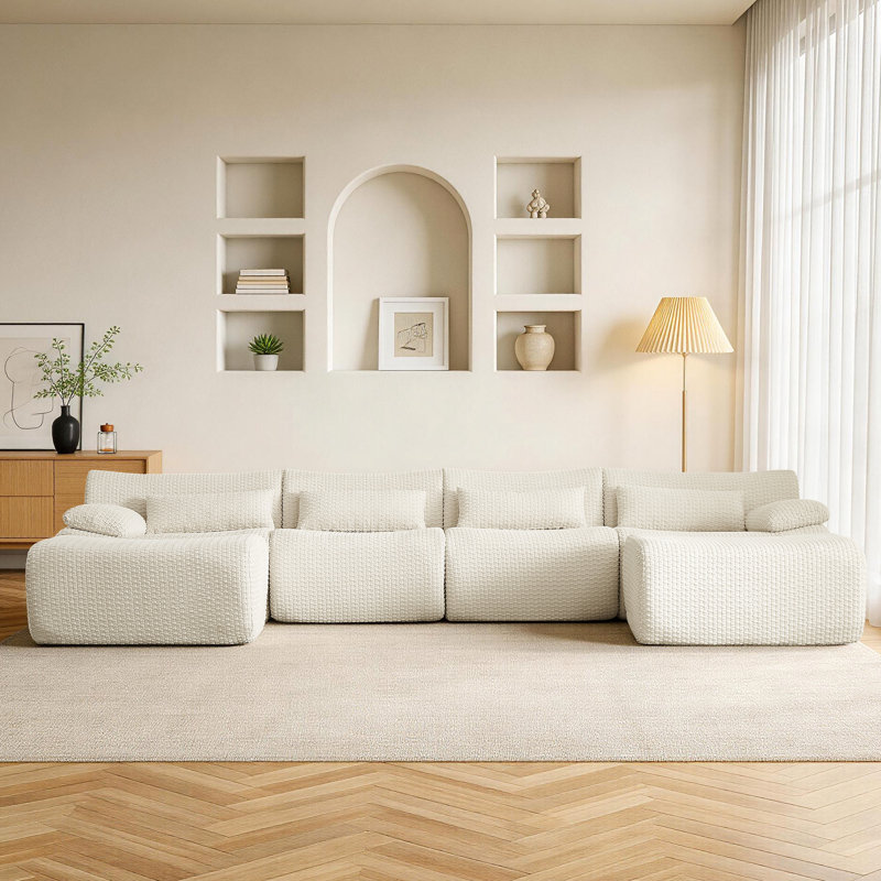 Canapé modulaire de 141 po avec repose-pieds modulaire avec repose-pieds et siège profond 141 po pour salon, Tissu beige