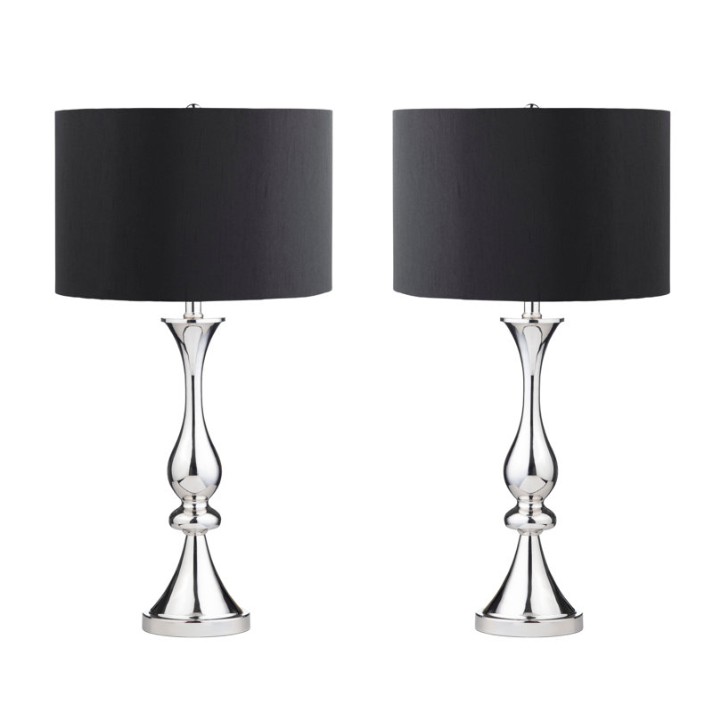 Set Of 2 Silver Metal Table Lamp With Metal & Crystal Beaded Drum Shade, Silver/Black