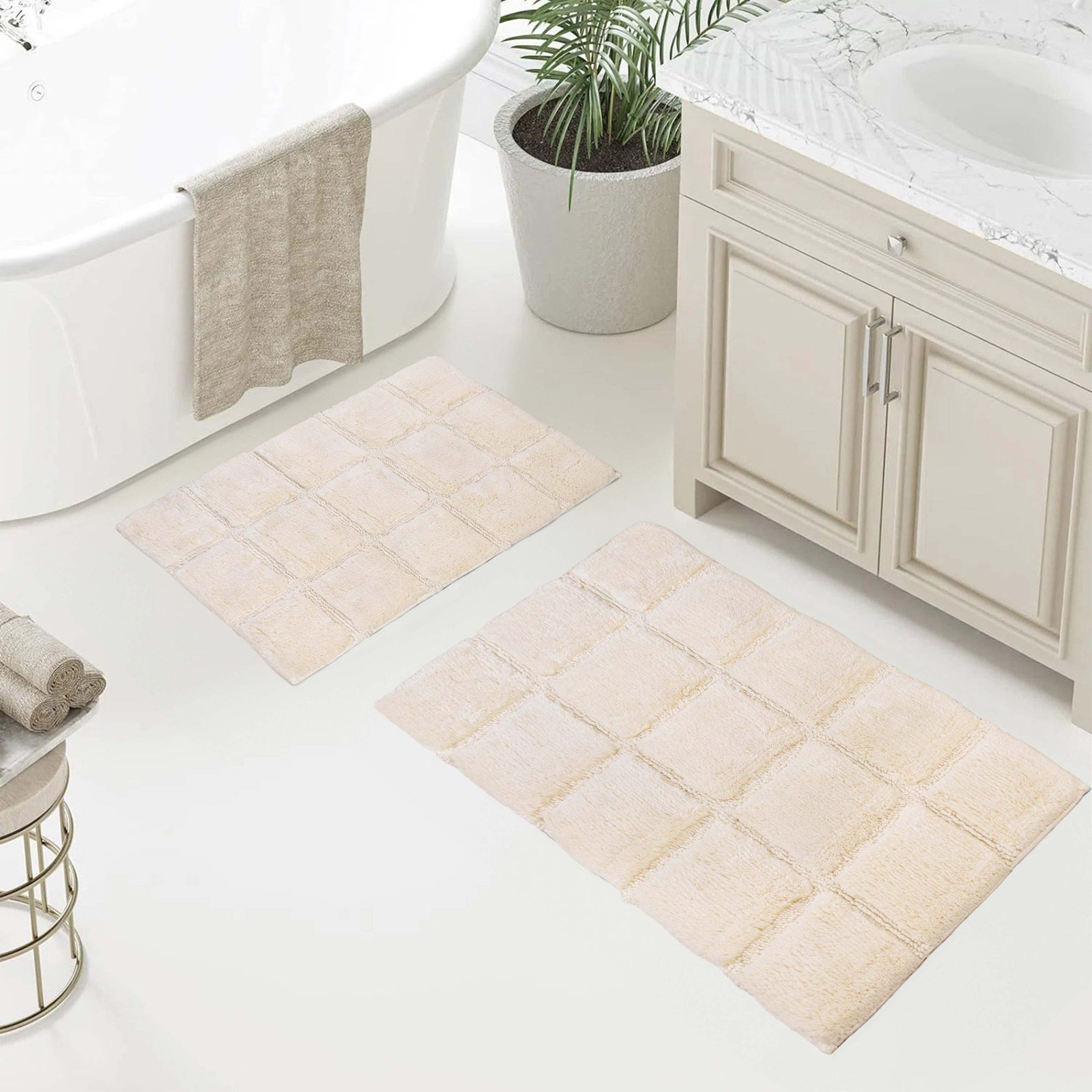 Sandcliff Checkered Cotton Non-Skid Machine Washable 2 Piece Bathroom Rug Set, Checkers Ivory