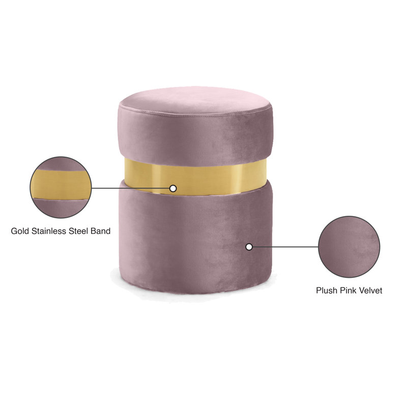 Hailey 14.5" Wide Velvet Round Cocktail Ottoman, Gold, Pink Velvet