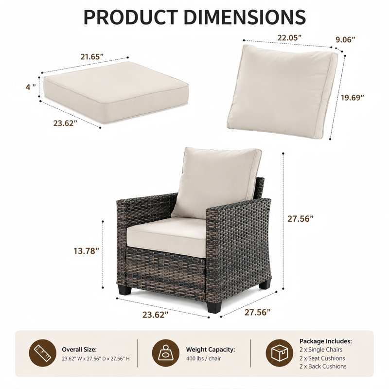 Decksplore 2-Piece High-Back Wicker Club Chairs with Cushions, Beige