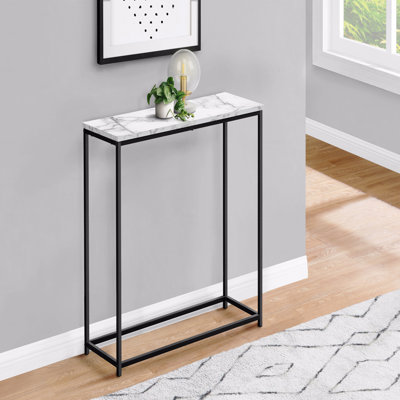 Narrow Sofa Console Table, Accent Entryway Living Room Bedroom, White Marble Look Laminate Black Metal Contemporary Modern