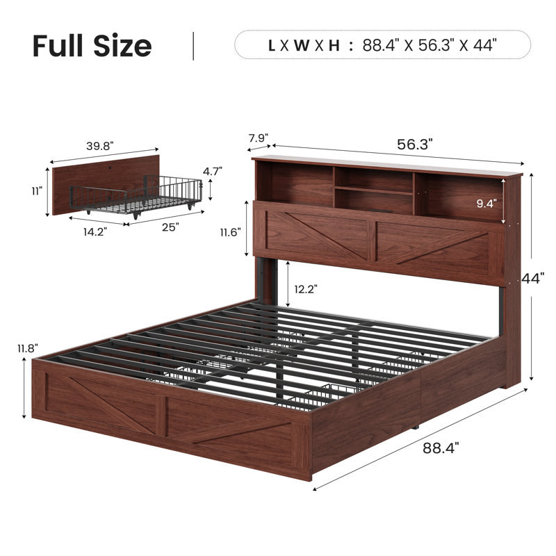 Farmhouse Wood Bed Frame with Bookcase Storage Headboard, 5 Drawers & LED Lights, Grey Wooden Platform Bed with Charging Station, Barn Door Design, No Box Spring Needed