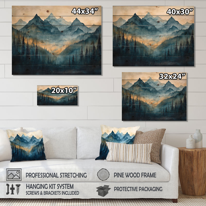 «Mountains Natures Layers In Blue Winter II», impression de paysage de montagnes - sur bois de pin naturel