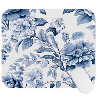 Chinoiserie Floral Blue Flowers and Leaves II Asian Gaming Cute Office Laptop Desk Pad Gift Mat Square Rectangle Non-Slip Mousepad