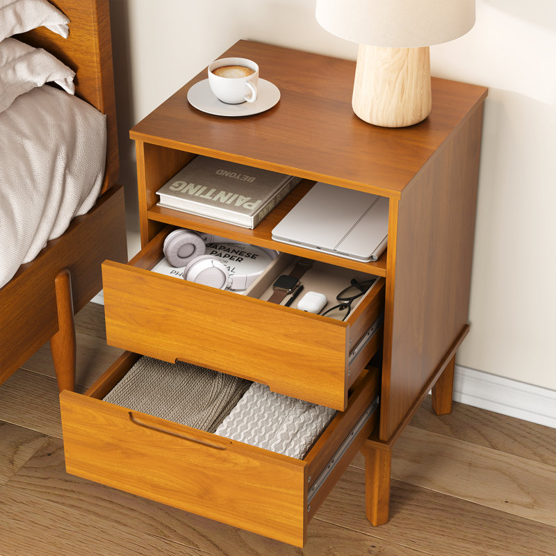 Mid-Century Modern Nightstand with Charging Station – 2 Drawers, Set of 2, Honey Oak