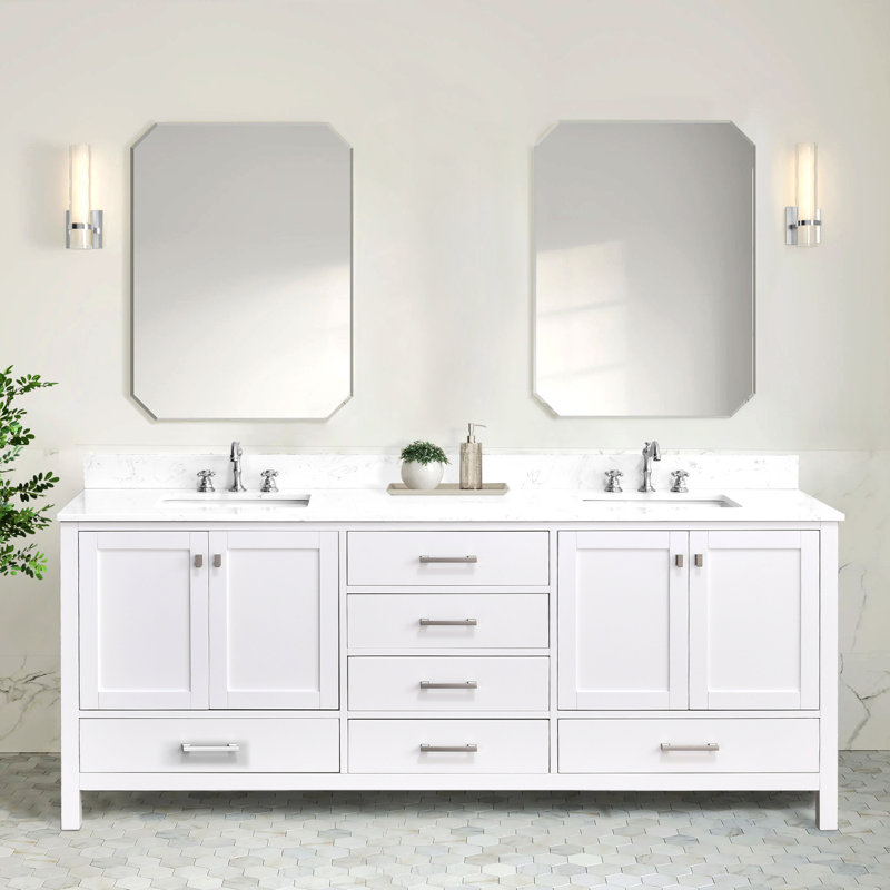 Modern Bathroom Vanity With Double Sinks & Storage, White/Brushed Nickel, 84"