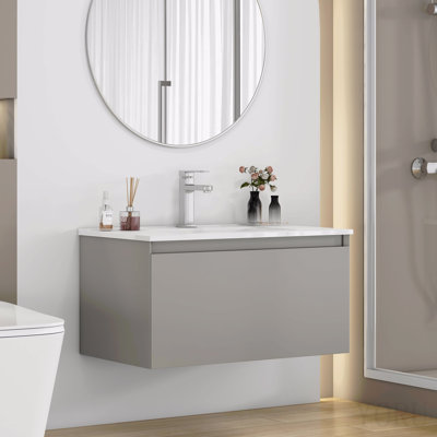 Meuble-lavabo mural 32 po avec 1 grand tiroir, système de fermeture en douceur, lavabo en céramique, conception sans poignée, bois massif, finition peinture, facile à installer, le robinet n'est pas inclus, gris moka