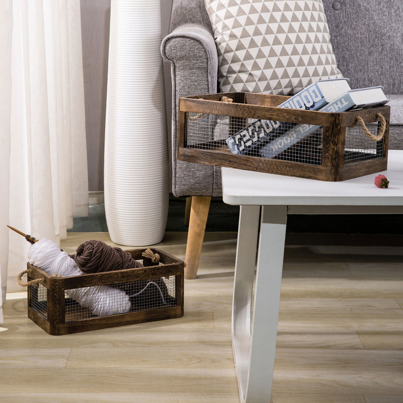 Metal and Solid Wood 2 Piece Decorative Bin Set , Brown
