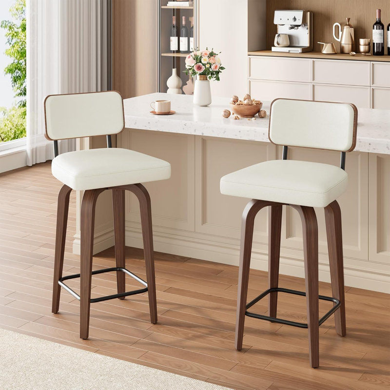 Ensemble de 2 tabourets de bar pivotants blancs, hauteur de comptoir 26 po, similicuir, pieds en noyer, grands coussins