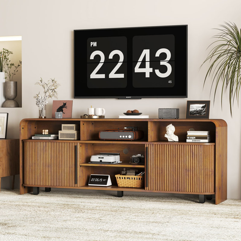 70 Inch Long Fluted Tv Stand For 75 65 80 Inch Tv,  Mid Century Modern Entertainment Center With Storage,  Adjustable Shelves, Sliding Doors