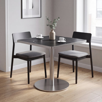 Square Sintered Stone Dining Table with Stainless Steel Pedestal Base