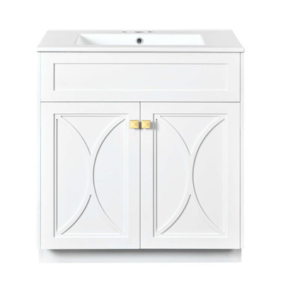 Meuble-lavabo 30 po avec lavabo en céramique, armoire de rangement autoportante moderne avec poignées, portes à fermeture douce
