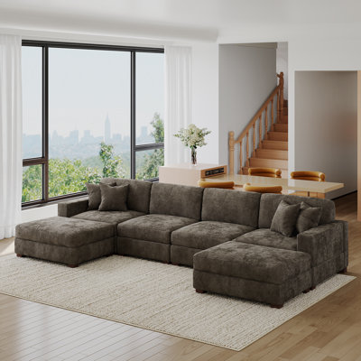 Canapé modulaire rembourré en chenille 6 pièces avec coussins décoratifs et repose-pieds 6 pièces Camel