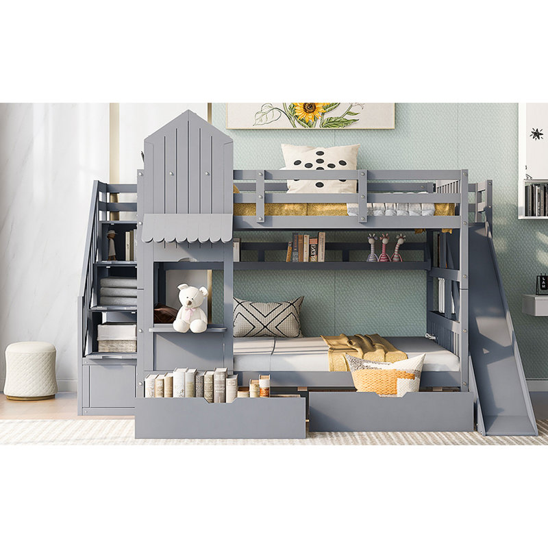Lit superposé de style château avec 2 tiroirs, 3 tablettes et glissade, Double sur double, Gris
