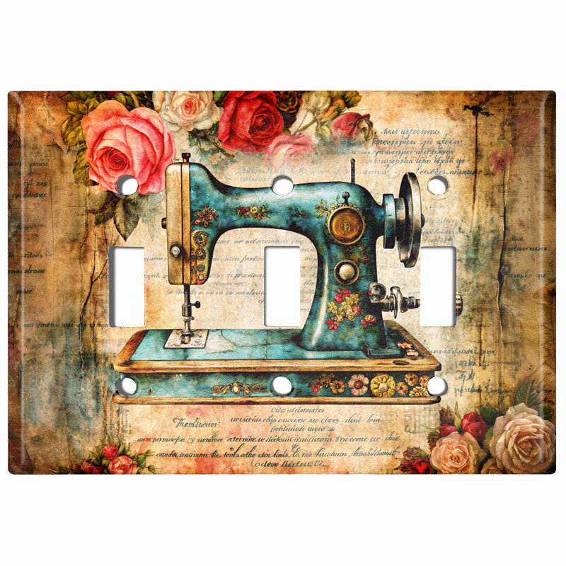Plaque de protection métallique pour interrupteur ; interrupteur à bascule triple, taille standard américaine ; motif floral pour machine à coudre