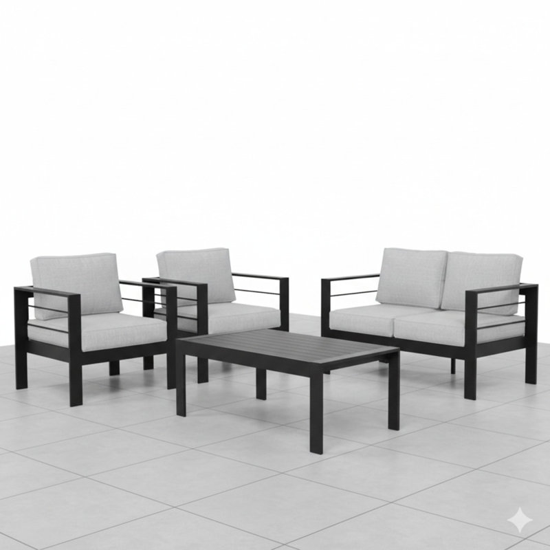Ensemble de conversation moderne en aluminium 4 pièces pour patio, canapé 4 places avec coussins gris clair épais et structure noire et table basse