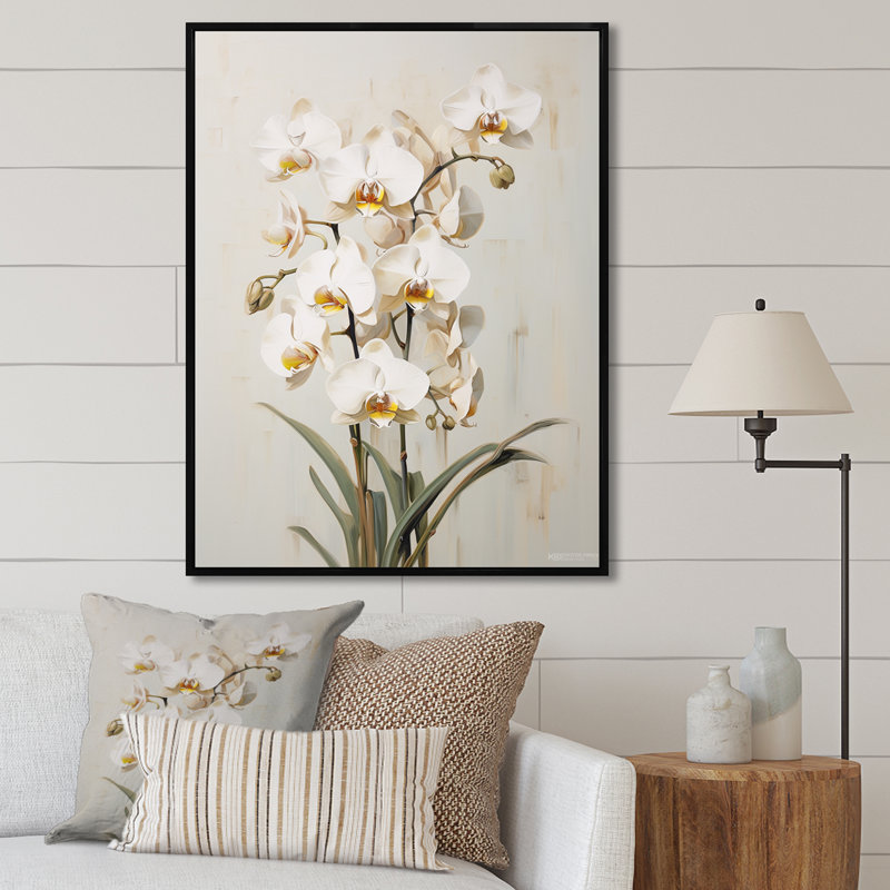 Orchidées beiges tranquillité IV, H 20 po x l 12 po x P 1 po, Cadre flottant noir