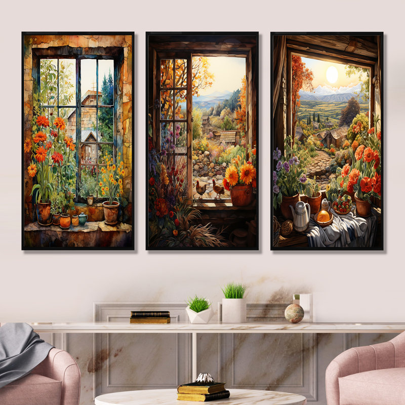 «Brown Farmhouse Window Blooms In Summer I», ensemble de 3 reproductions d'art mural, Cadre flottant noir, H 28 po x l 36 po