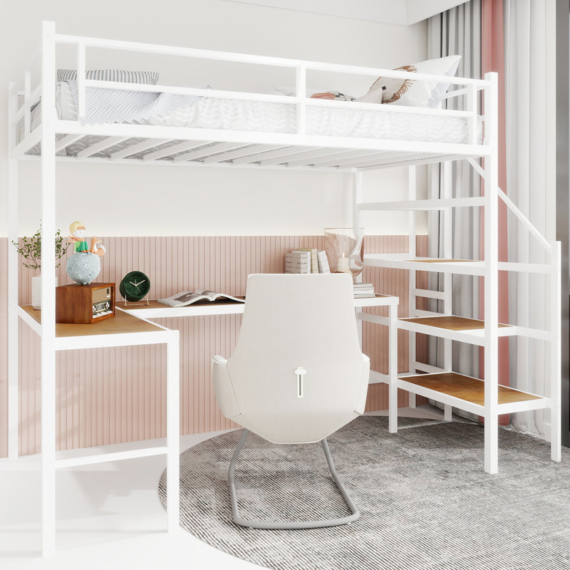 Twin Size White Iron Loft Bed With - Tip Feature, Built In Storage, Integrated Work Area For Bedroom Of Color, L Shaped Desk, 360 Railing, Storage