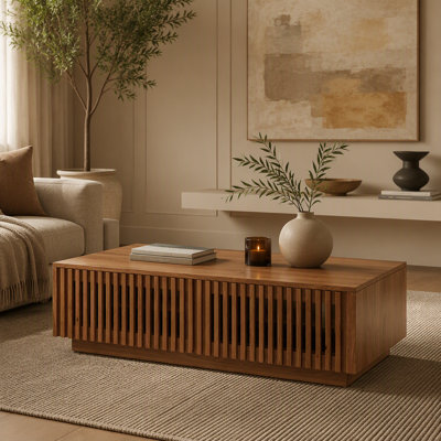 Modern Solid Wood Coffee Table with Slatted Storage Drawers, Rectangular Low Profile Wooden Cocktail Table, Farmhouse Hidden Storage Center Table