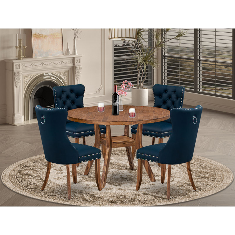 Ensemble de cuisine 5 pièces en polyester 4 chaises bleu marine, dossier capitonné et table ronde de 54 po au fini noyer antique.