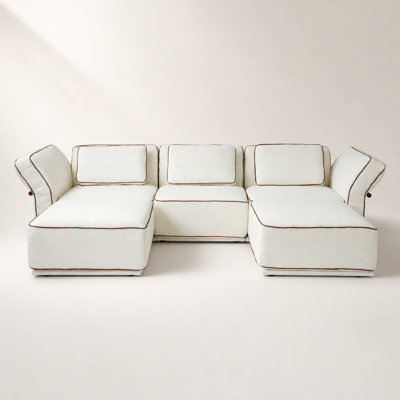 Adonia Upholstered 128.36" Boucle Slipcovered Flared Arm Sectional Sofa With 2 Ottomans