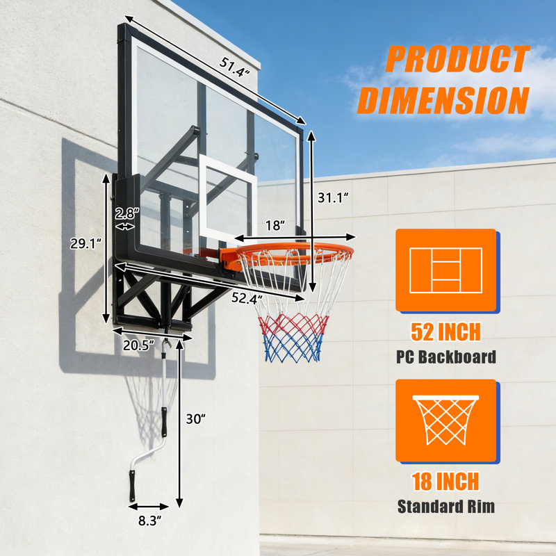 Panier de basketball mural, panneau de basketball mural pour PC de 52 pouces