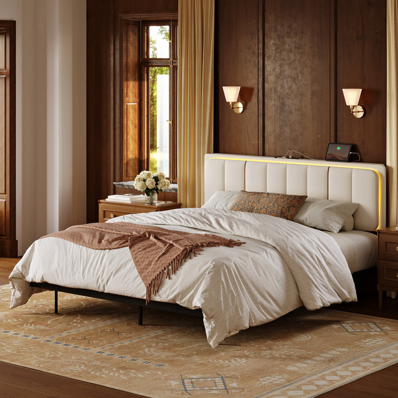 Upholstered Floating Bed Frame with Storage Headboard, Modern Metal Bed Frame with LED Light & Charging Station, No Spring Boxing Needed