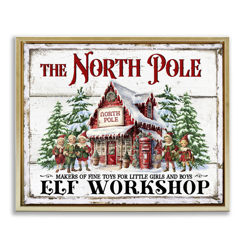 North Pole Workshop Canvas Wall Art by Creatif Belle, 25" H x 31" W, Metallic Gold Floater Frame