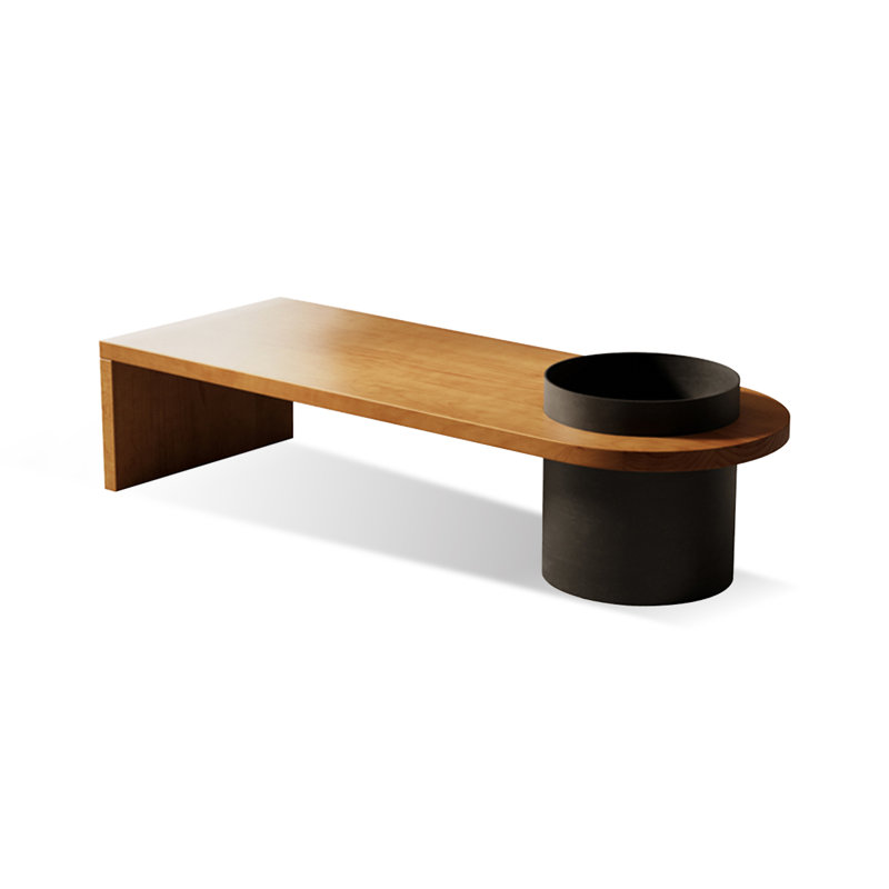 70.87" Burlywood + Black Solid Wood + Iron Half-circle Coffee Table, H 13,78 po x L 55,12 po x l 23,62 po