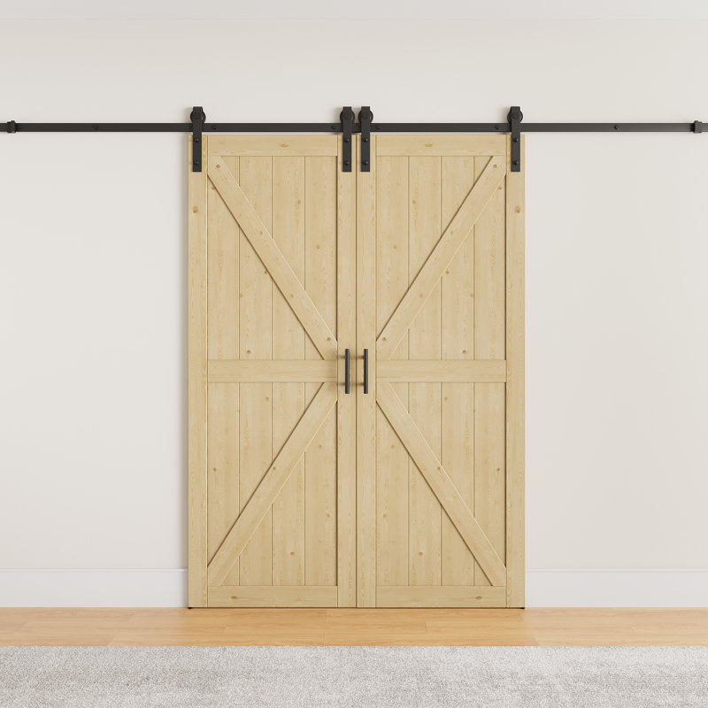 Ensemble de quincaillerie pour porte de grange double coulissante en bois massif préfini blanc de 84 po de hauteur, design en forme de K et de X, deux ensembles de fermeture amortie