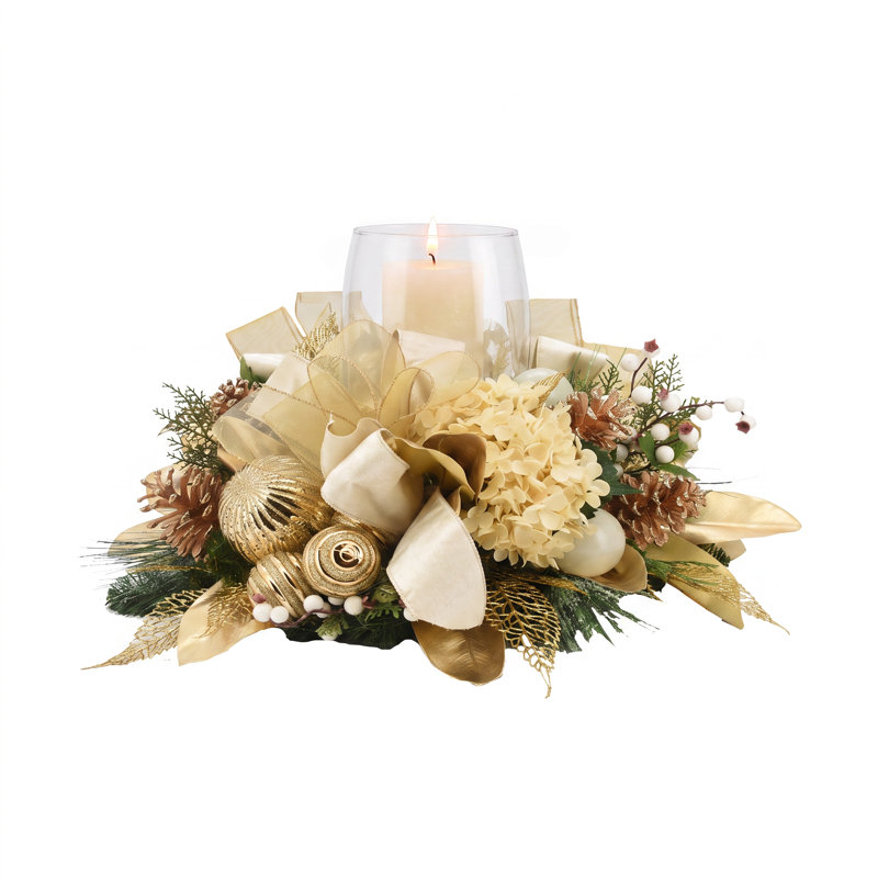 Centre de table des fêtes avec hortensias, ornements et boucles