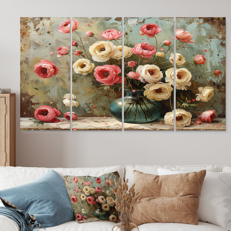 Rose et blanc, charme de ferme, Renoncule II - ensemble d'art sur toile Renoncule, H 32 po x l 64 po