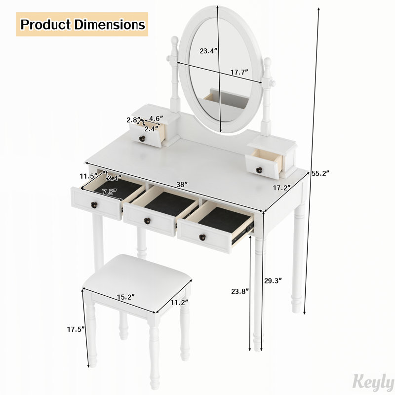 Ensemble de coiffeuse avec miroir à angle réglable et tabouret rembourré, doublure en velours 5 tiroirs, Blanc