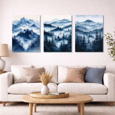 «Blue Fading Morning Light Forest Landscape - Mountain», art mural 3 pièces