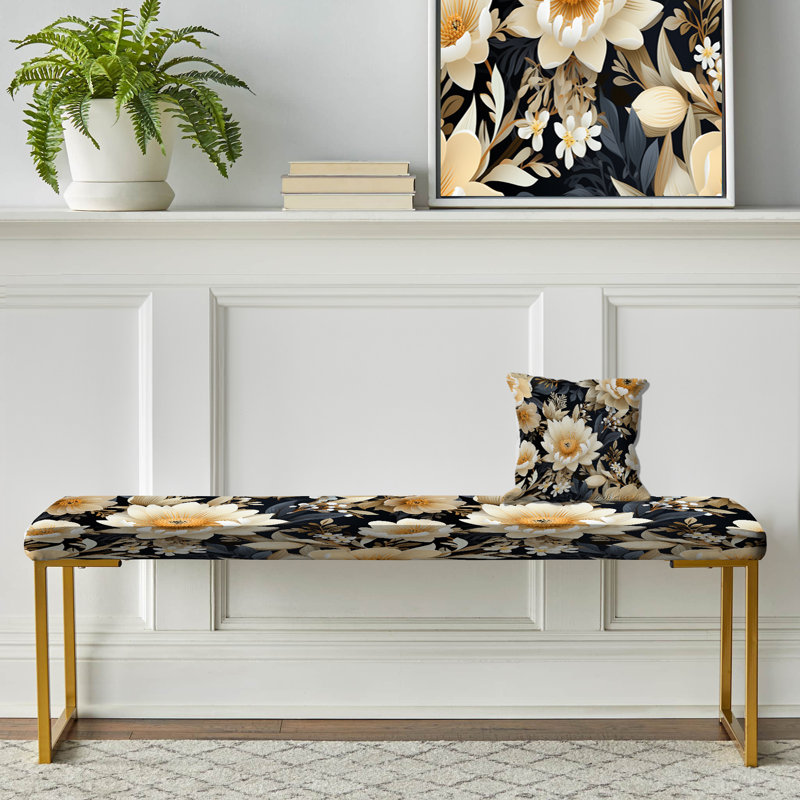 White Blossom Petals In Paradise - Floral Upholstered Gold Bench