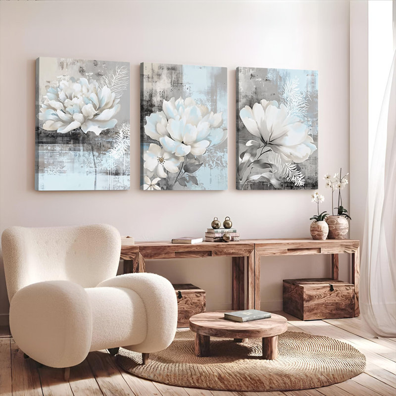 Élégante toile murale florale tendue, style abstrait (lot de 3), H 36 po x l 72 po