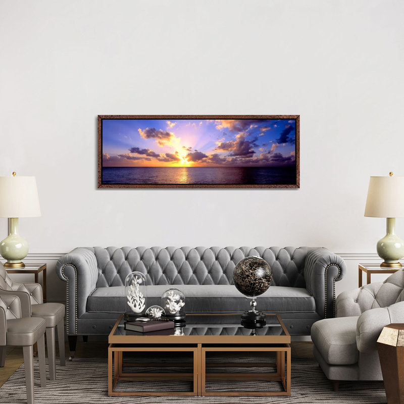 Sunset 7 Mile Beach Cayman Islands Caribbean - Panoramic Print on Canvas, Classic Brown Wood Framed, 152.4 cm H x 50.8 cm W