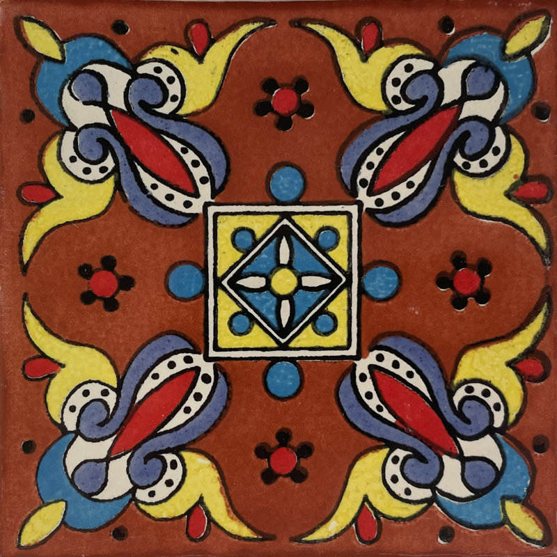 4.2" x 4.2" 9pcs TalaMex Terracotta Oasis Mexican Clay Tile Handmade Talavera Backsplash Mosaic