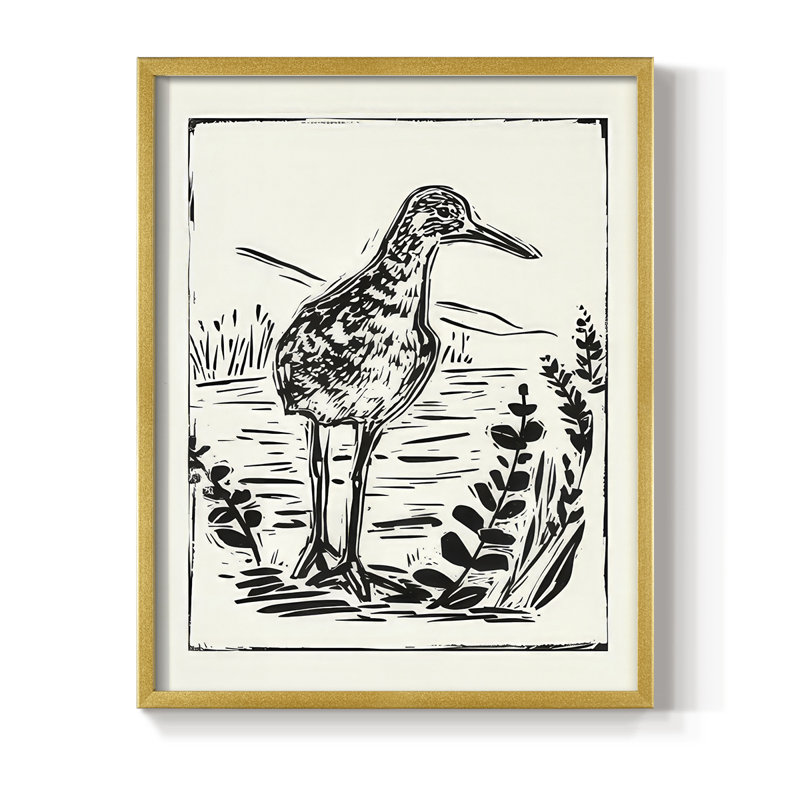 Linocut Style Seabird II, reproduction encadrée - bois massif, H 15 po x l 12 po, Doré